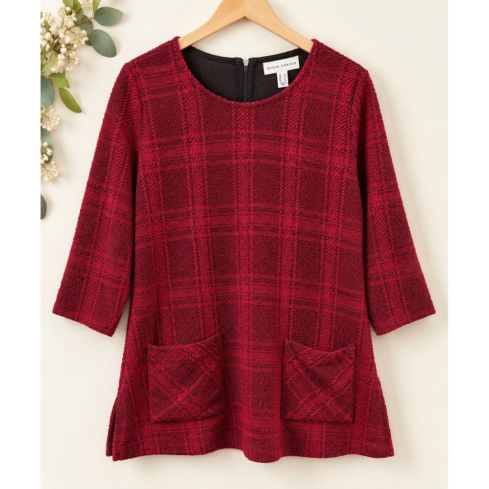 Susan Graver Red Plaid Textured Knit Tunic Top 3/4 Sleeve Pockets Size L